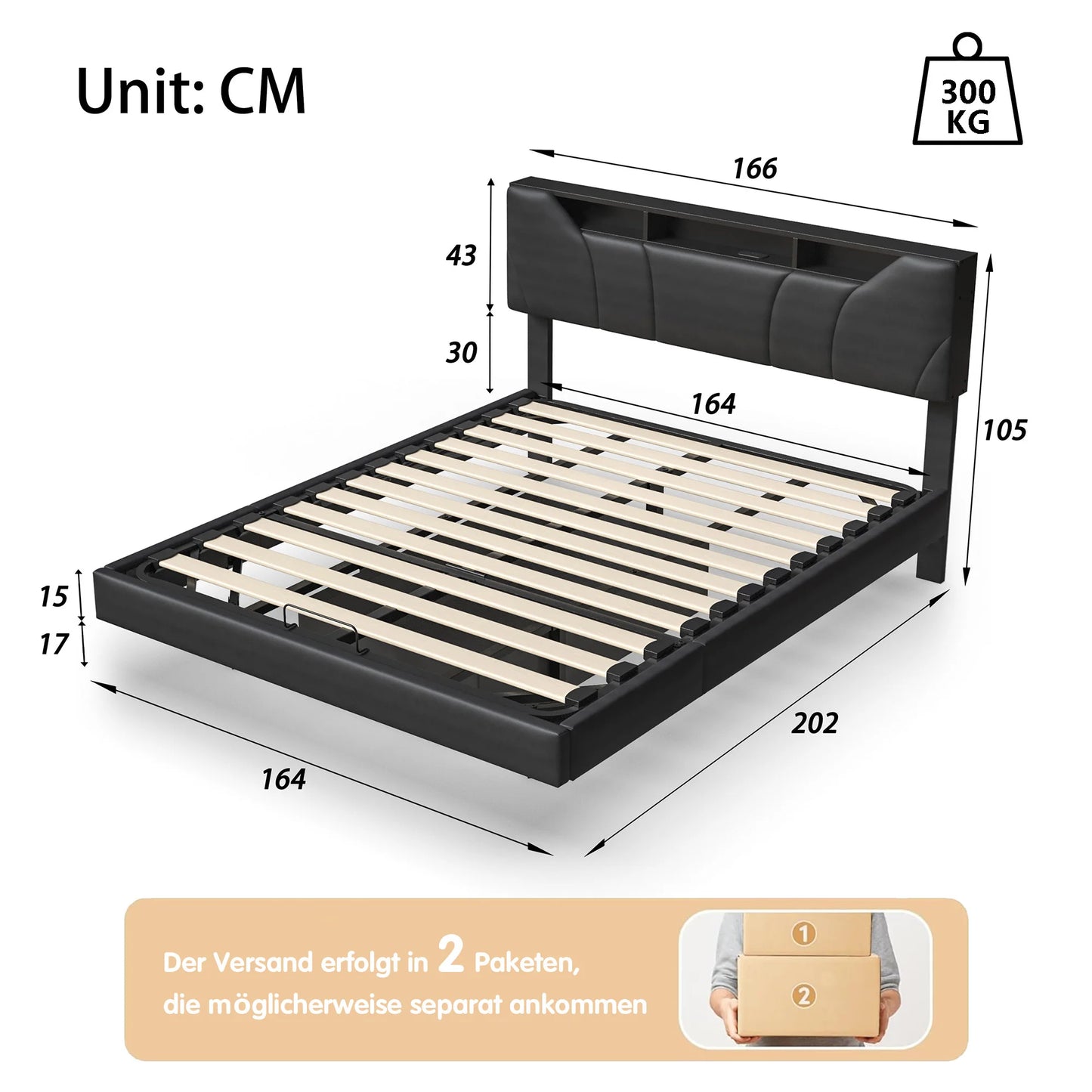 Anajqaqia 160x200cm Upholstered Bed with LED Lighting, Pneumatic Storage Bed with Adjustable Headboard and USB, PU, Black