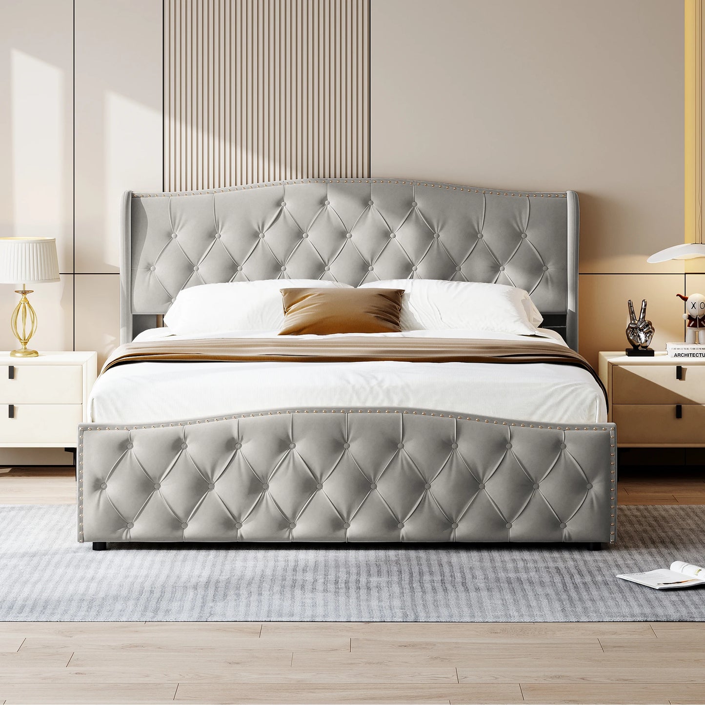 Upholstery bed 140x200 cm with Underbed chest of drawers, double bed with  and slatted frame, velvet, for adults and teenagers