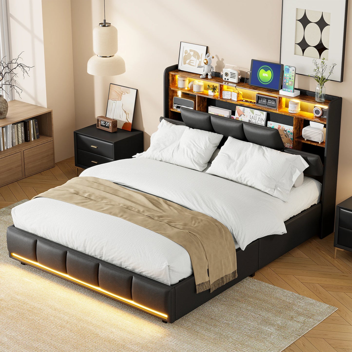 Rosahqnda Upholstered bed frame Adult bed Hydraulic Lift Storage bed LED Lighting Charging Port