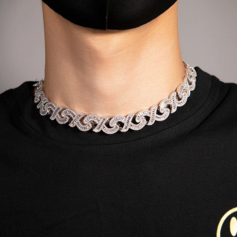 THE BLING KING 15mm Infinity Link Necklace For Men Iced Out Baguette CZ X Shaped Chain Solid Metal Choker Punk Hip Hop Jewelry