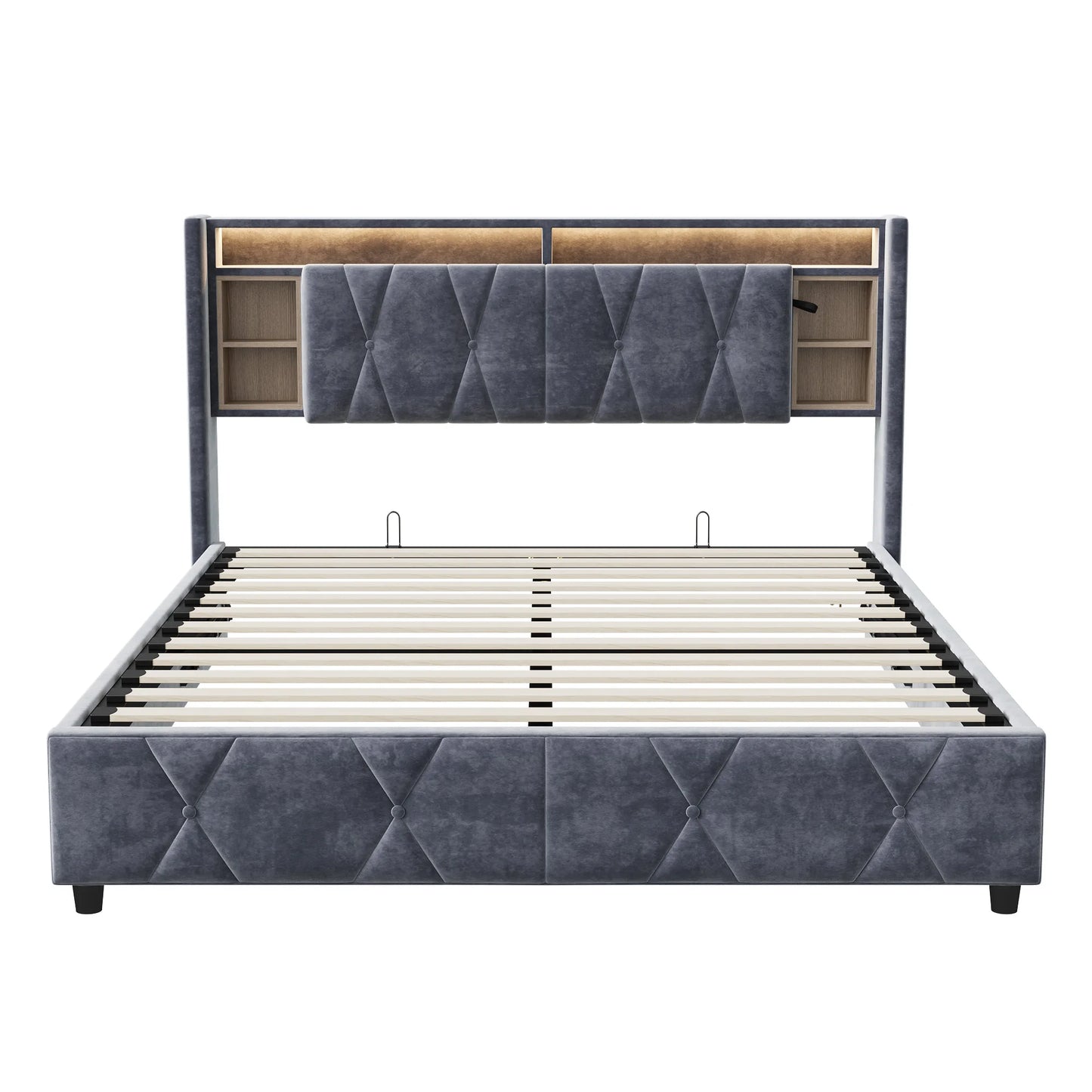 Rosahqnda double bed, with USB and LED, upholstered bed with storage space and headboard, bed frame with wood Pate grate, velvet, Gray