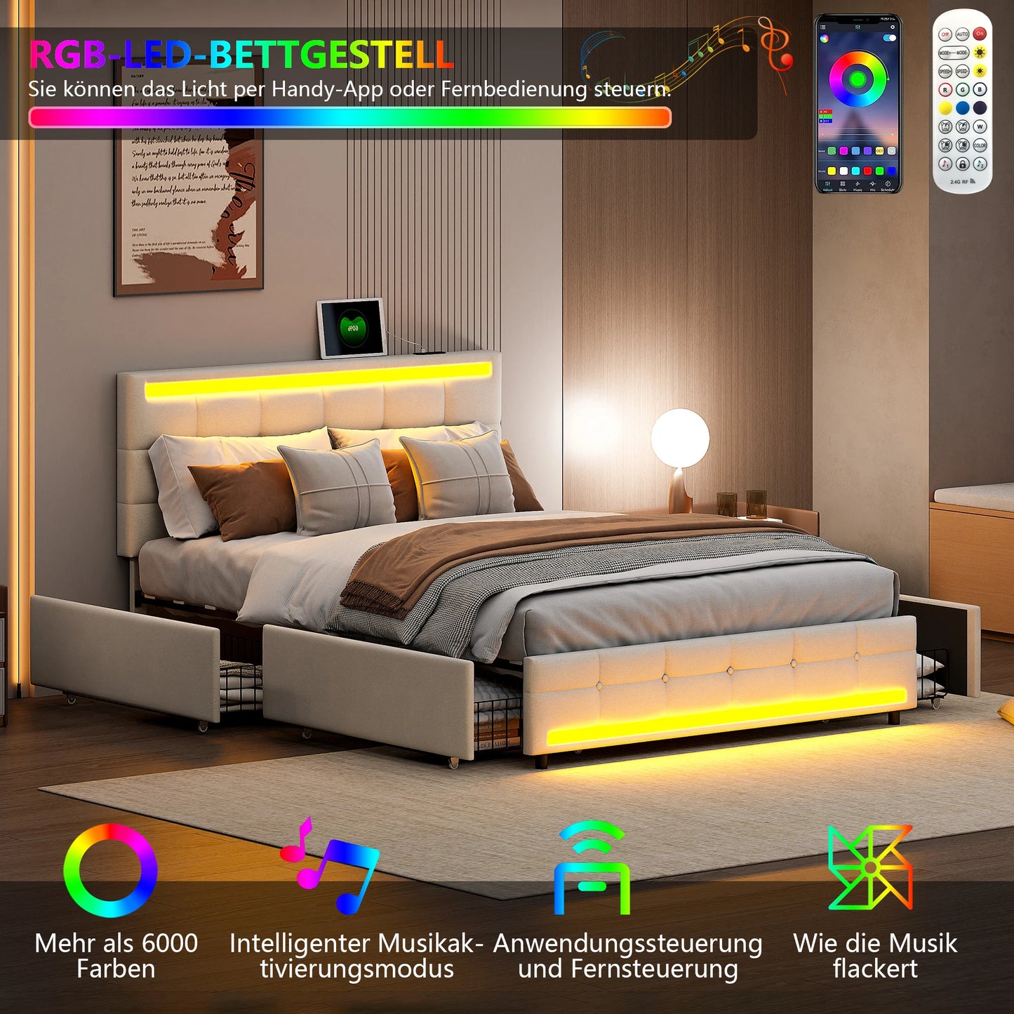 Anajqaqia 140x200cm Upholstered Double Bed with 4 Storage Drawers, Teenager Bed with LED Lighting and USB Charging, Linen, Beige