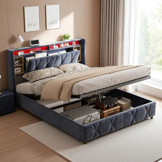 Rosahqnda double bed, with USB and LED, upholstered bed with storage space and headboard, bed frame with wood Pate grate, velvet, Gray