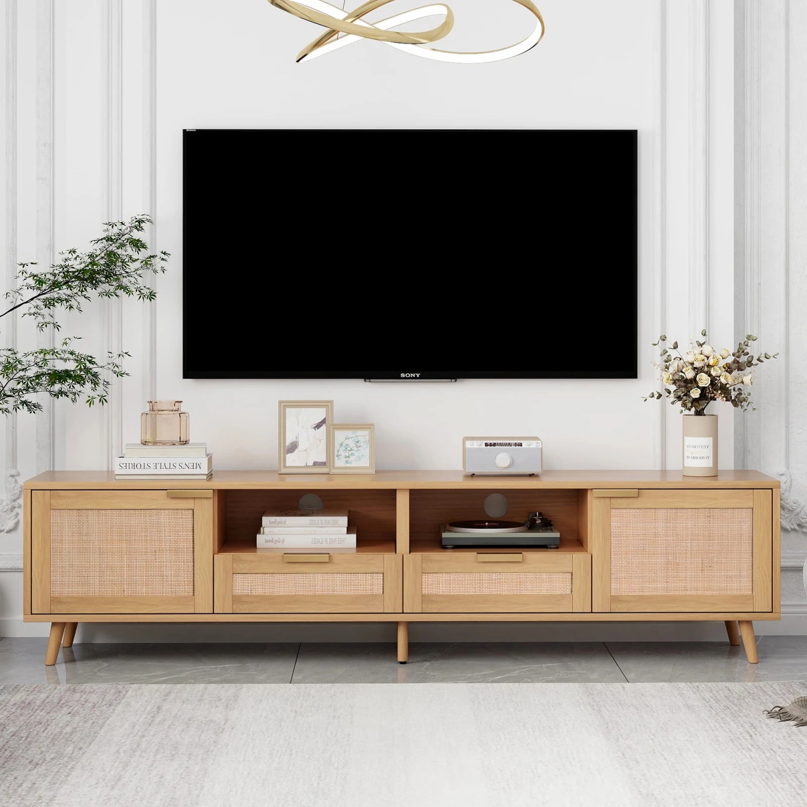TV console table, 200*37*49cm, TV cabinet with real rattan design, TV cabinet with solid wooden feet, braided rattan TV boards - Uknowucme
