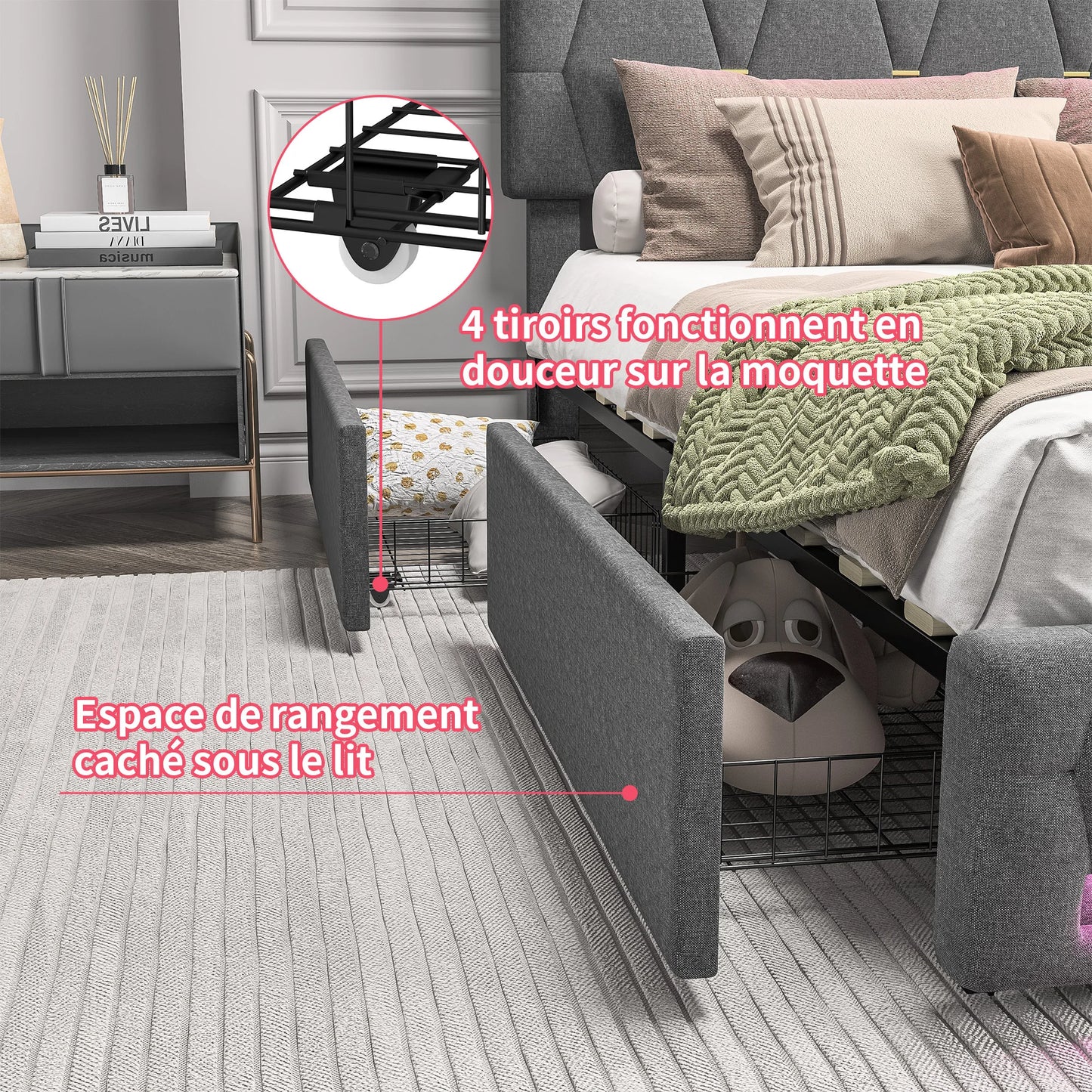 140 x 200CM Double Bed - Upholstered - with LED, with 4 Drawers, with Adjustable Headboard, with USB Port, Gray