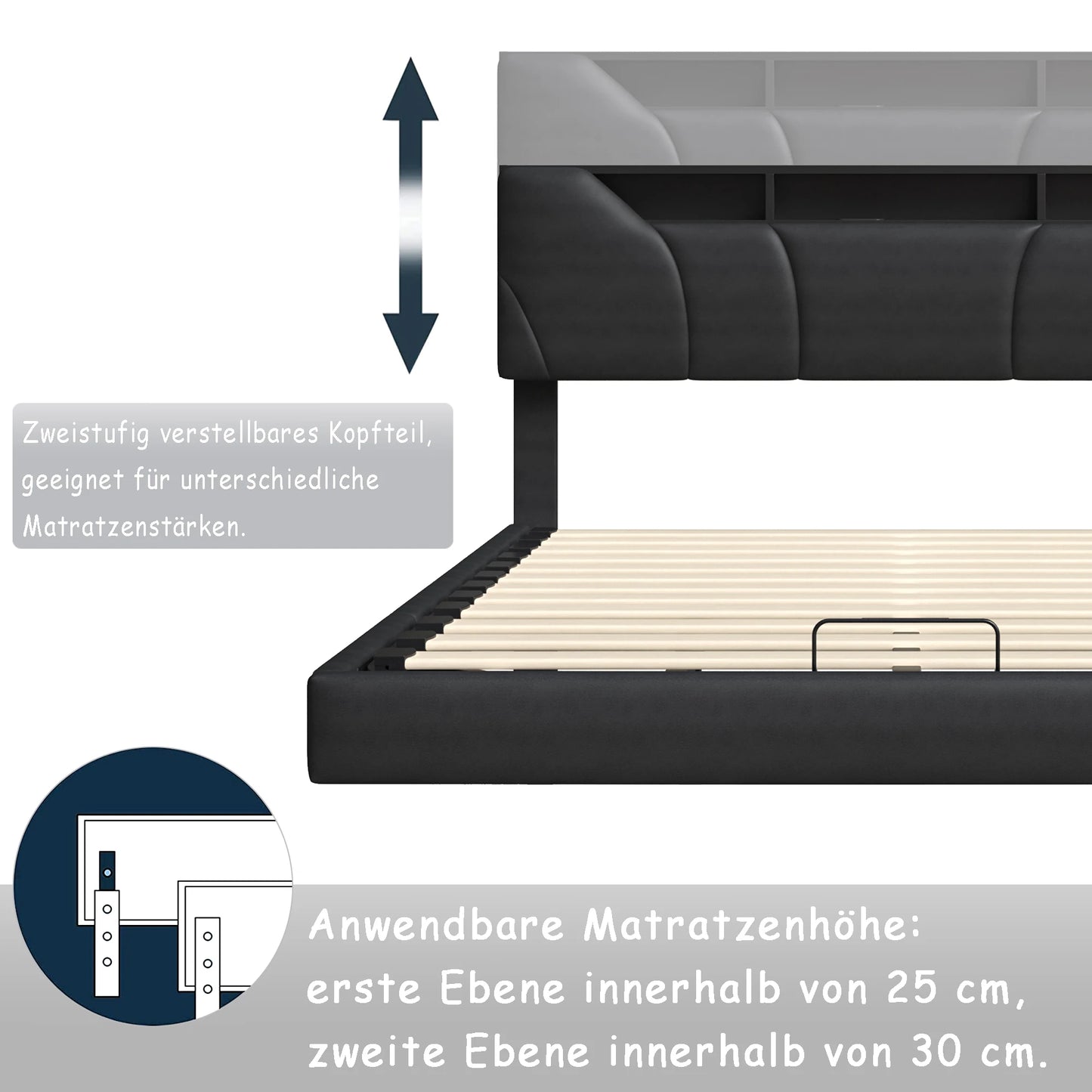 Anajqaqia 160x200cm Upholstered Bed with LED Lighting, Pneumatic Storage Bed with Adjustable Headboard and USB, PU, Black