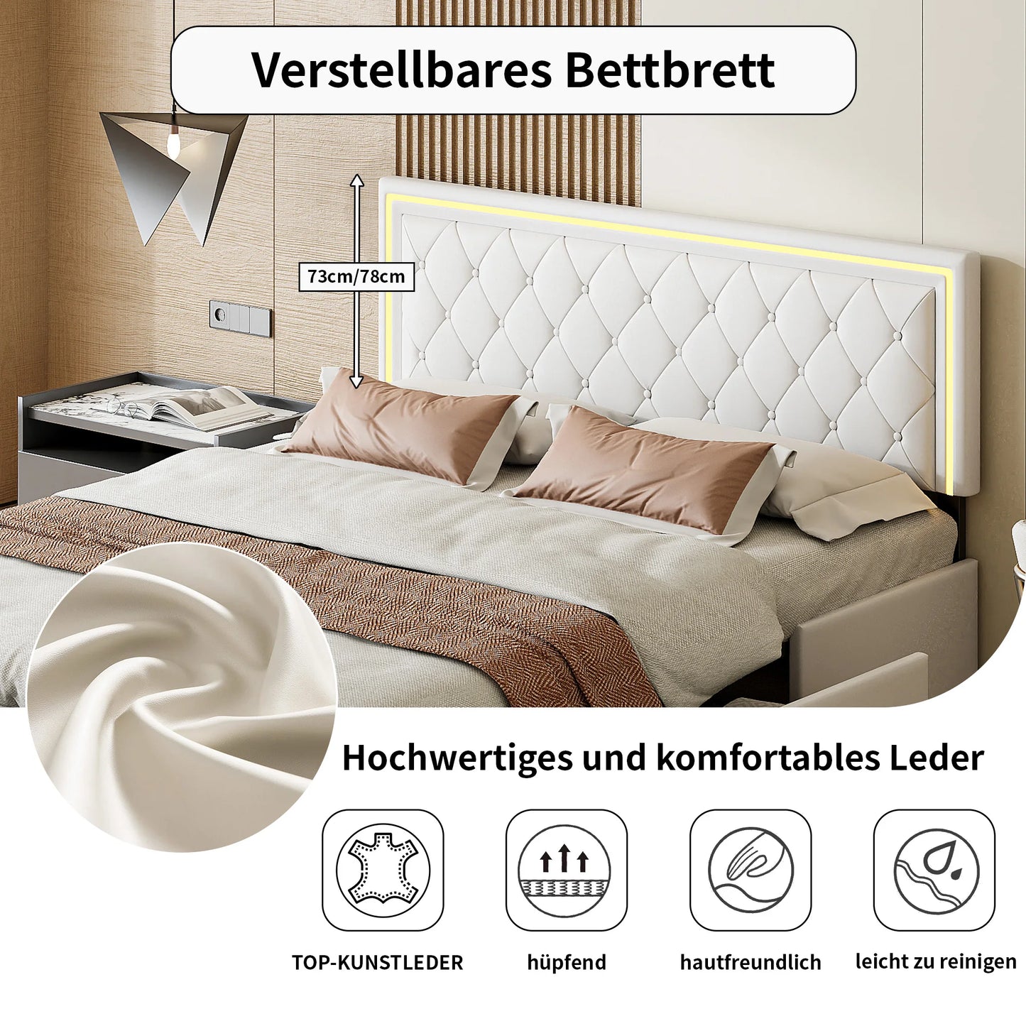ROSAHQNDA Modern faux leather bed with drawers, LED PU double bed frame with storage space, 140/160 x 200 cm, without mattress