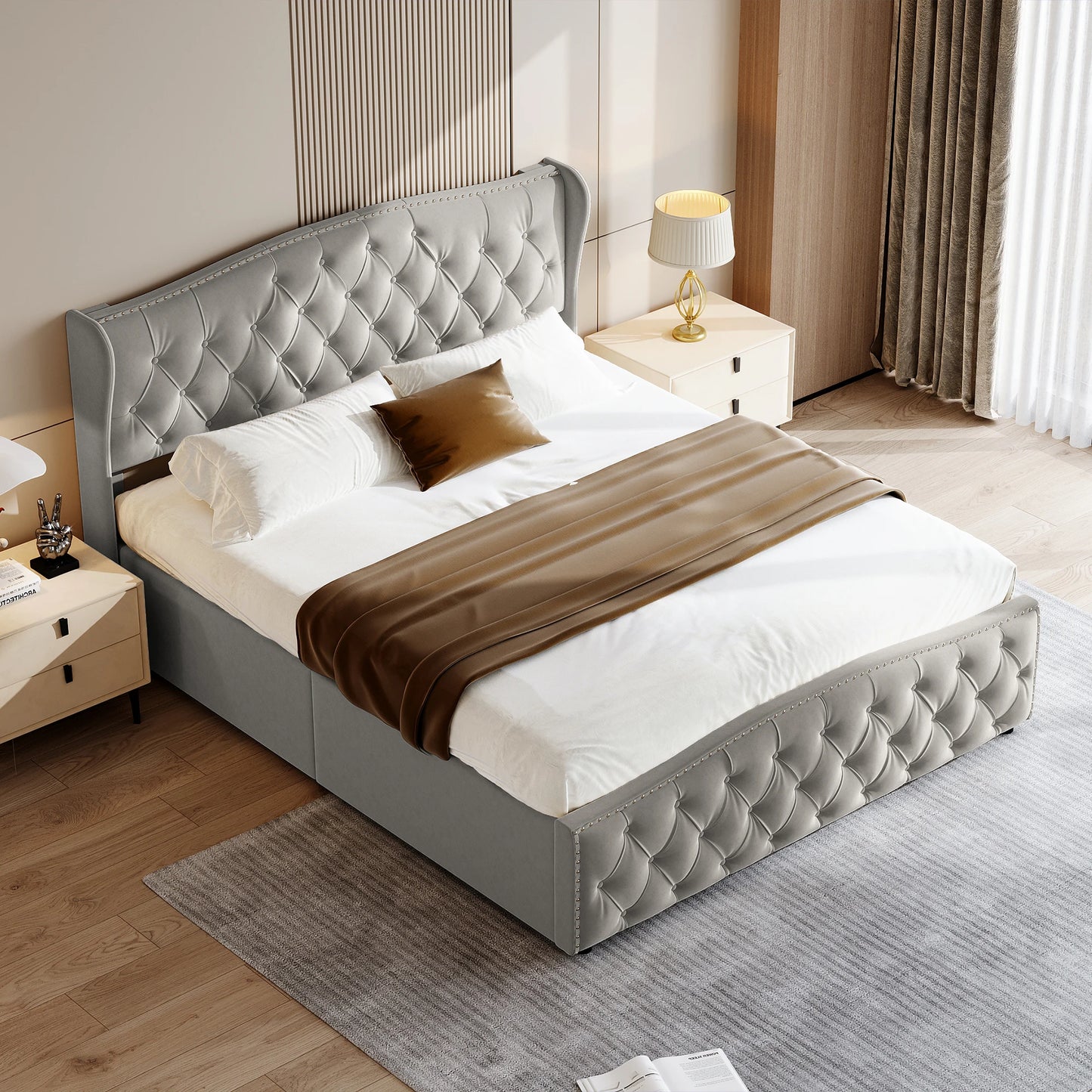 Upholstery bed 140x200 cm with Underbed chest of drawers, double bed with  and slatted frame, velvet, for adults and teenagers