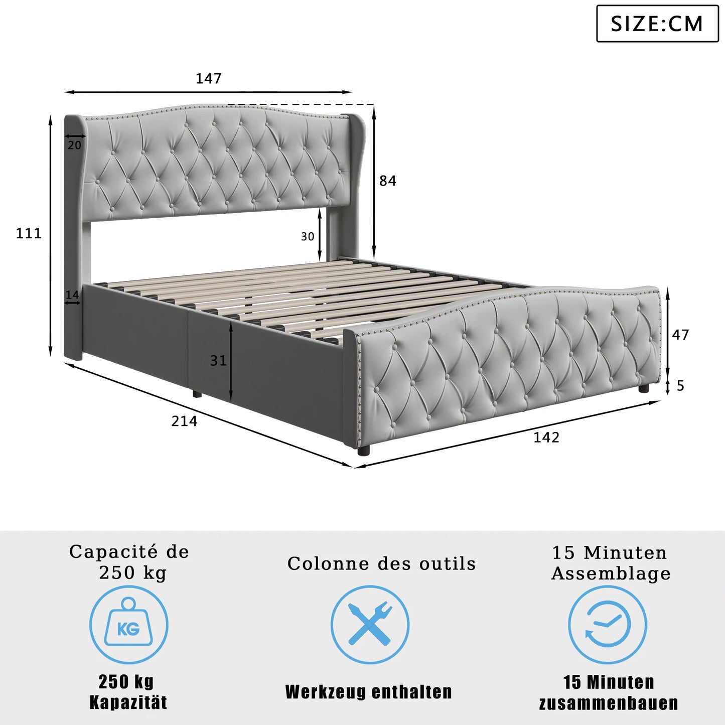 Upholstery bed 140x200 cm with Underbed chest of drawers, double bed with  and slatted frame, velvet, for adults and teenagers