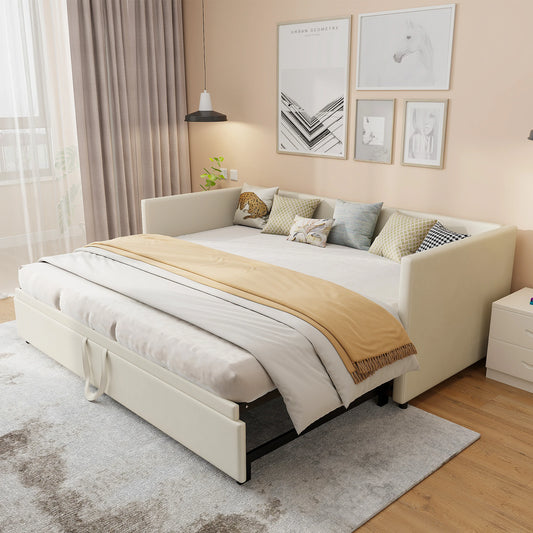 Anajqaqia 90/180x200cm Sofa Bed, Upholstered Double Bed with Slatted Frame and Backrest, Velvet, Beige