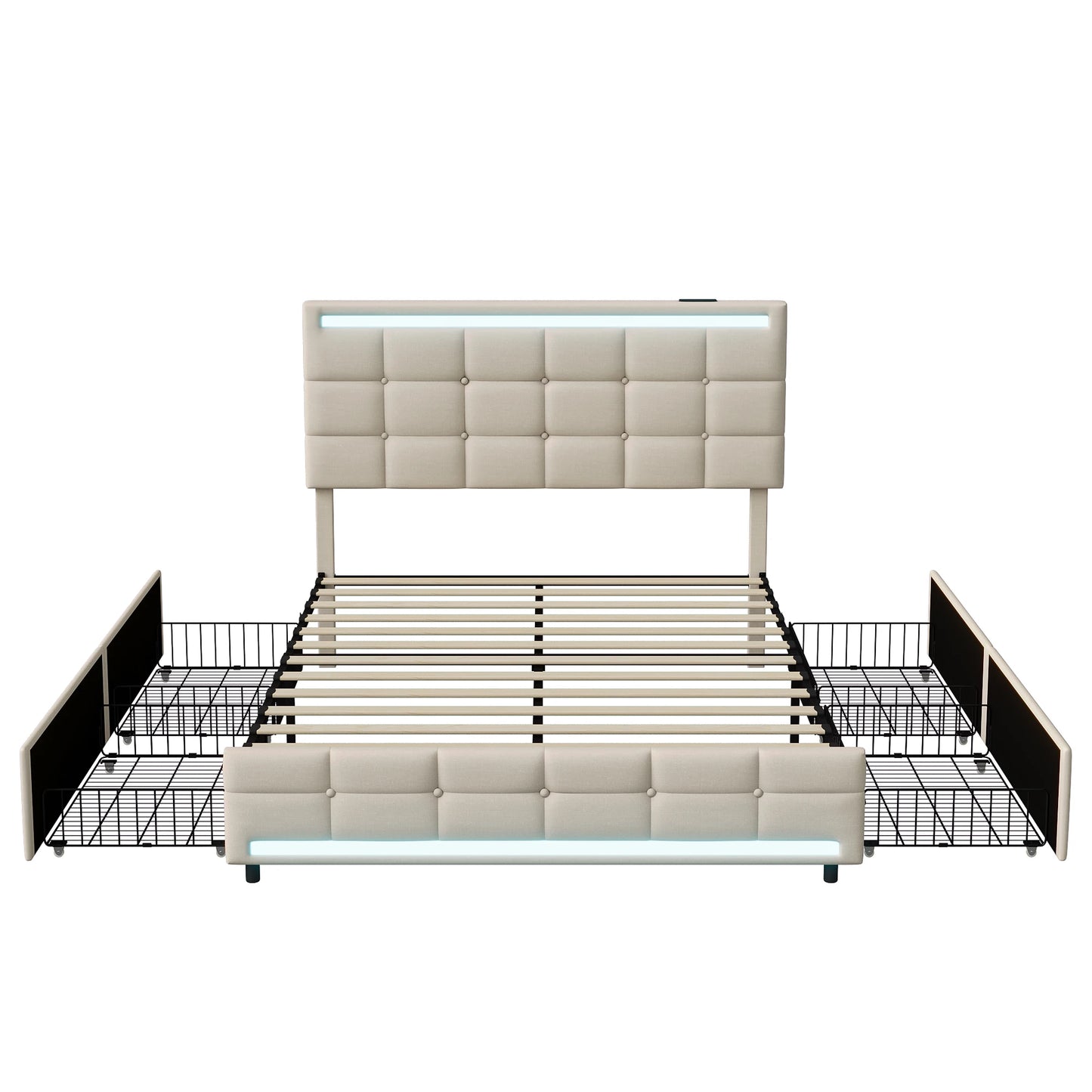 Anajqaqia 140x200cm Upholstered Double Bed with 4 Storage Drawers, Teenager Bed with LED Lighting and USB Charging, Linen, Beige
