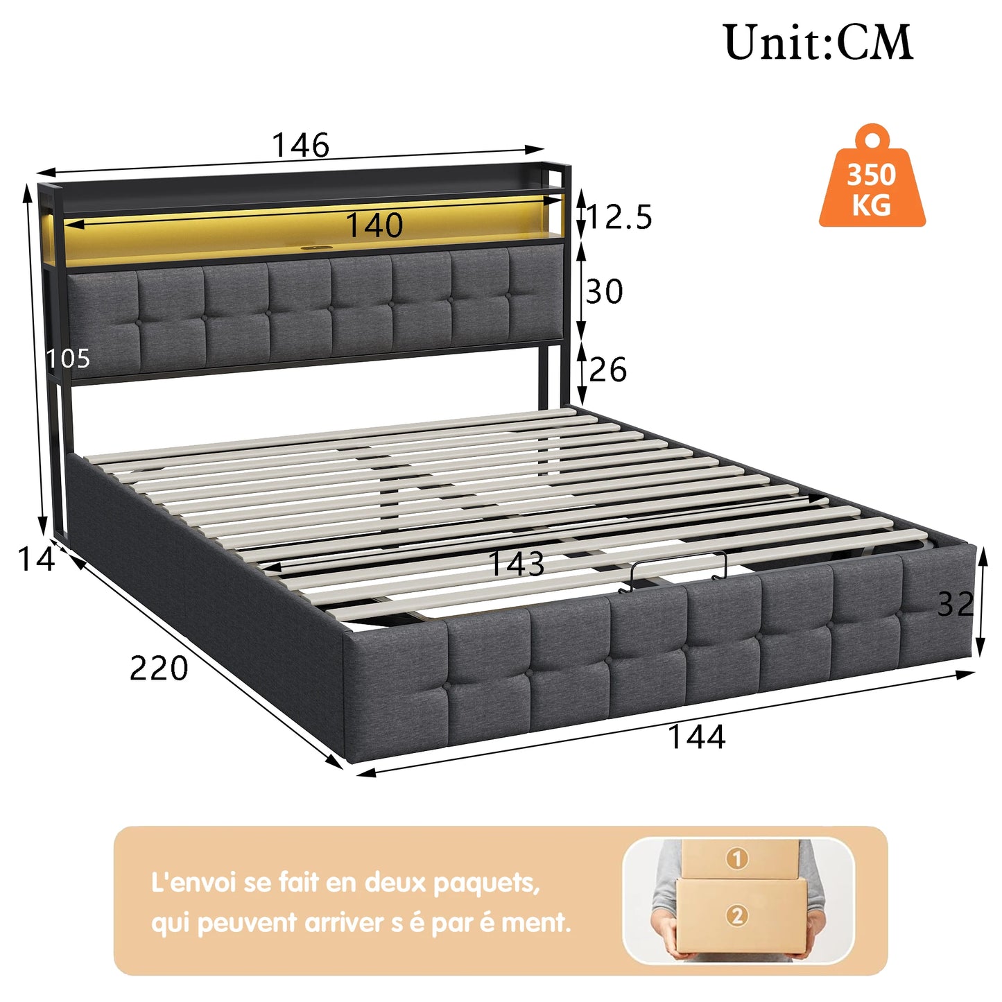 Rosahqnda cushion bed Padded Hydraulic bed frame Grey Linen Headboard Linen Fabric Without Mattress