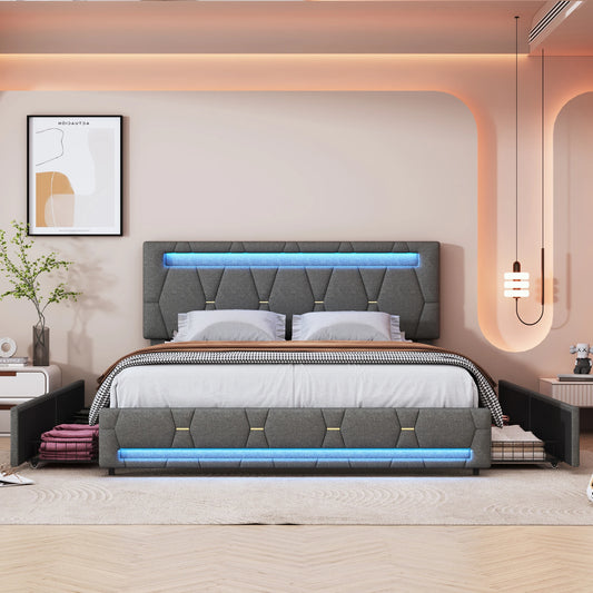 140 x 200CM Double Bed - Upholstered - with LED, with 4 Drawers, with Adjustable Headboard, with USB Port, Gray