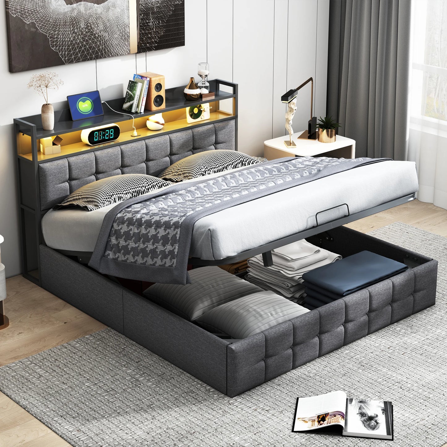 Rosahqnda cushion bed Padded Hydraulic bed frame Grey Linen Headboard Linen Fabric Without Mattress