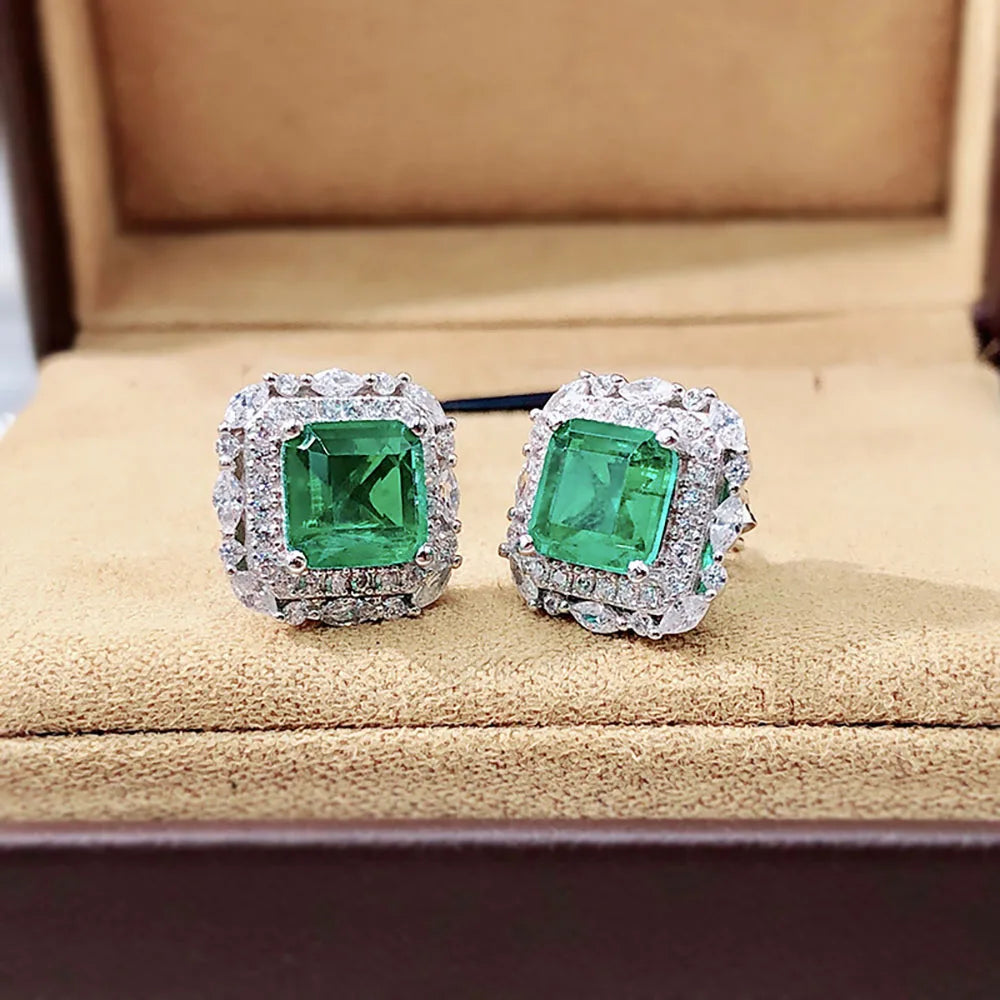 2021 New 925 Sterling Silver Gemstone Stud Earrings for Women Luxury 7*7 Paraiba Tourmaline Emerald Wedding Earring Fine Jewelry - Uknowucme