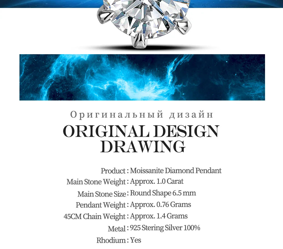 CHARMING 1 Carat Moissanite Necklace Pendant Lab Diamond 925 Silver Rhodium plating for Women Fine Classic Gemstone Necklace - Uknowucme