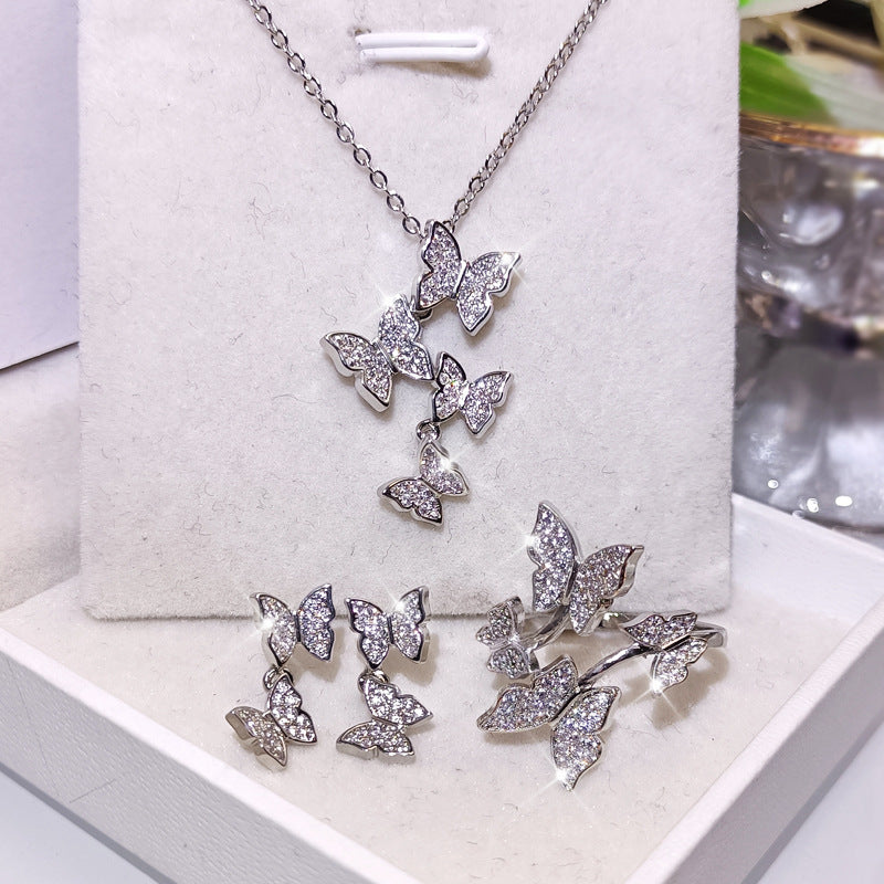 Exquisite and Versatile New Four Butterfly Jewelry Set Ring Earring Necklace Set Bridal Wedding Jewelry Set 925 Silver Set - Uknowucme