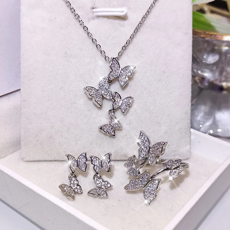 Exquisite and Versatile New Four Butterfly Jewelry Set Ring Earring Necklace Set Bridal Wedding Jewelry Set 925 Silver Set - Uknowucme