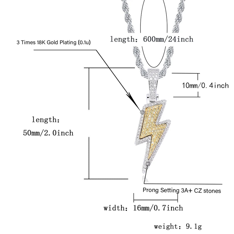 TOPGRILLZ Iced Out Bling Lightning Pendants With Tennis Chain Copper Material AAA Cubic Zircon Men's Hip Hop Jewelry Gift