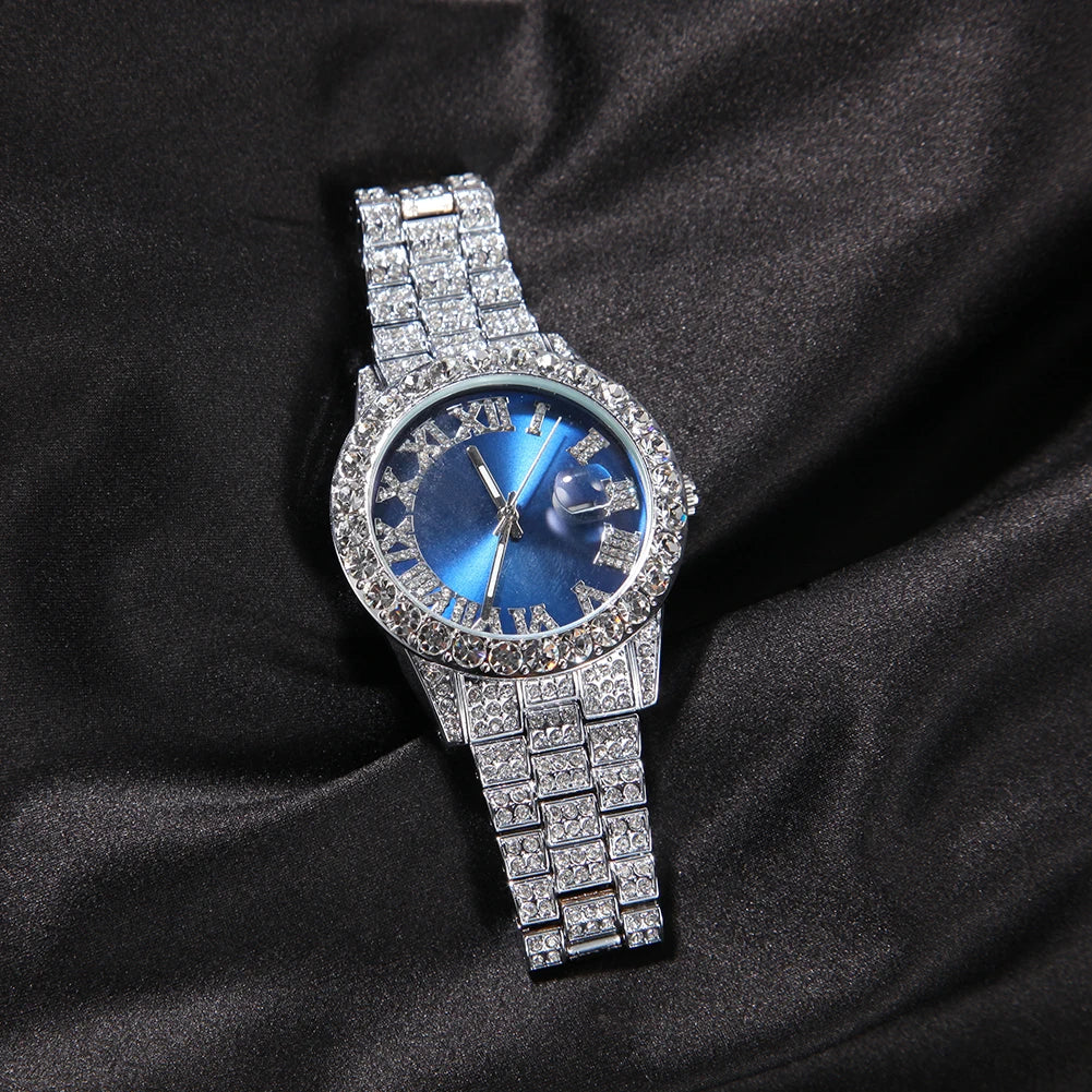 THE BLING KING Men's Watch Big Pink Purple Blue Dial Iced Out Quartz Clock Luxury Rhinestone Business Waterproof Wrist Watches