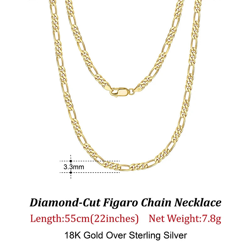 Rinntin 925 Sterling Silver 3.3mm Diamond-Cut Figaro Chain Necklace For Men Women Fashion Silver Necklace Luxury Jewelry SC34 - Uknowucme