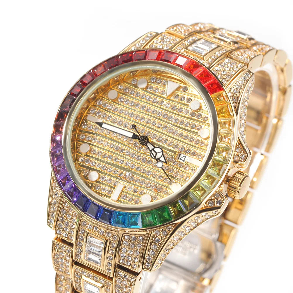 Iced Out Rainbow Watch Full Bling Diamonds For Men Women 316L Stainless Steel Quartz Wristwatch Gifts Free Shipping