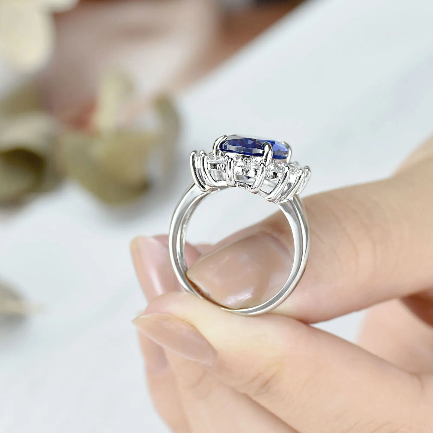 Newshe Vintage Solid 925 Sterling Silver Oval Blue Tanzanite Engagement Rings for Women Cocktail Party Wedding Luxury Jewelry