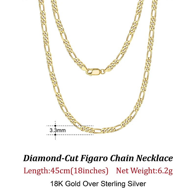 Rinntin 925 Sterling Silver 3.3mm Diamond-Cut Figaro Chain Necklace For Men Women Fashion Silver Necklace Luxury Jewelry SC34 - Uknowucme