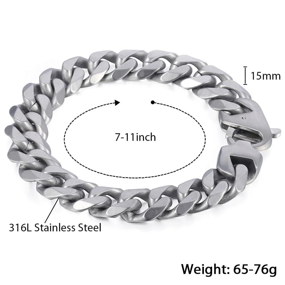 Fashion 15mm 316L Stainless Steel Bracelet For Men Boys Matte Brushed Silver Color Cut Curb Cuban Link Chain Dropshipping HB468 - Uknowucme