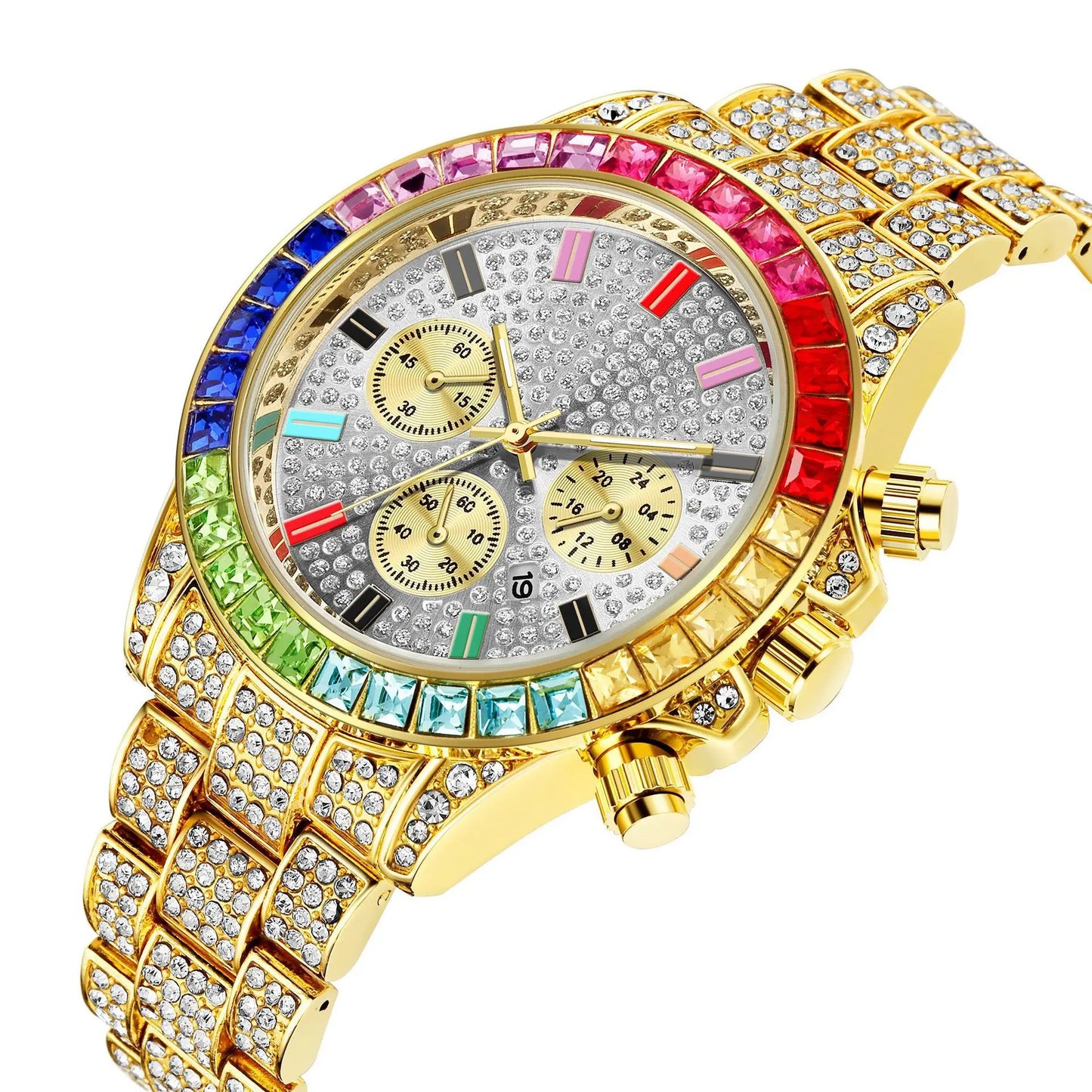 Watches for Men Luxury Hiphop Full Iced Out Watch Men Gold Colorful Rhinestone Hip Hop Watch Quartz Wristwatch Relogio Masculino