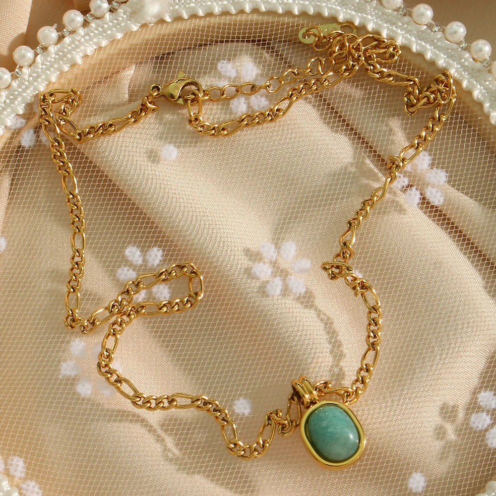 Tarnish Free Elegant Ladies Stainless Steel Gold Plated Figaro Chain Oval Natural Amazonite Stone Pendant Necklace For Women - Uknowucme