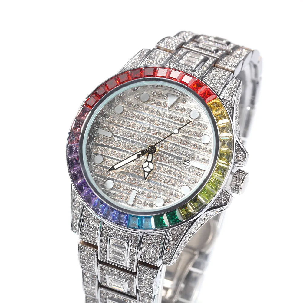 Iced Out Rainbow Watch Full Bling Diamonds For Men Women 316L Stainless Steel Quartz Wristwatch Gifts Free Shipping