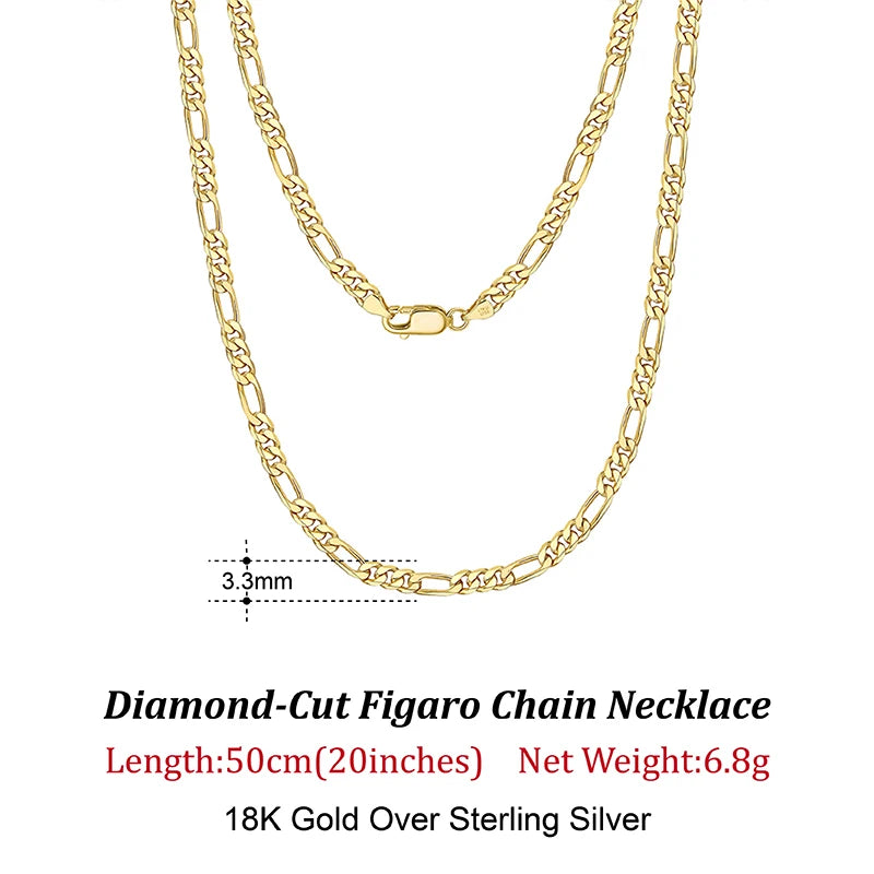 Rinntin 925 Sterling Silver 3.3mm Diamond-Cut Figaro Chain Necklace For Men Women Fashion Silver Necklace Luxury Jewelry SC34 - Uknowucme