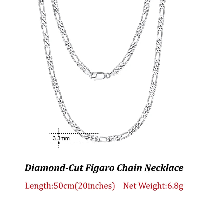 Rinntin 925 Sterling Silver 3.3mm Diamond-Cut Figaro Chain Necklace For Men Women Fashion Silver Necklace Luxury Jewelry SC34 - Uknowucme