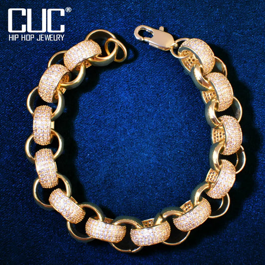 Circle Cuban Link Bracelet Men Hip Hop Chain Copper Iced Out Cubic Zirconia  Rapper Rock Jewelry 10mm