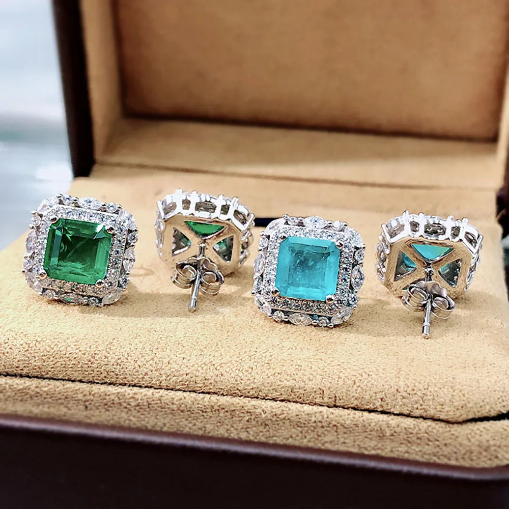 2021 New 925 Sterling Silver Gemstone Stud Earrings for Women Luxury 7*7 Paraiba Tourmaline Emerald Wedding Earring Fine Jewelry - Uknowucme
