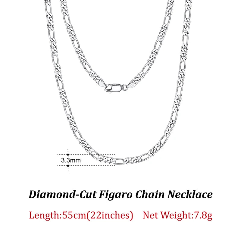 Rinntin 925 Sterling Silver 3.3mm Diamond-Cut Figaro Chain Necklace For Men Women Fashion Silver Necklace Luxury Jewelry SC34 - Uknowucme