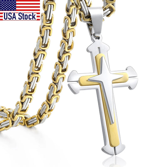 Men's Cross Necklace Gold Color Black Cross Pendant Stainless Steel Byzantine Chain Necklace 2020 Hip Hop Male Jewelry KP180