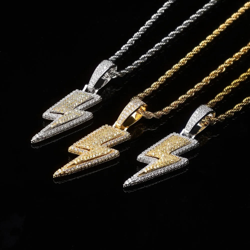 TOPGRILLZ Iced Out Bling Lightning Pendants With Tennis Chain Copper Material AAA Cubic Zircon Men's Hip Hop Jewelry Gift