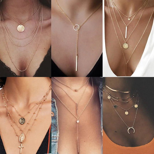 Vintage Multilayer Crystal Pendant Necklace Women Gold Color Beads Moon Star Horn Crescent Choker Necklaces Jewelry New - Uknowucme