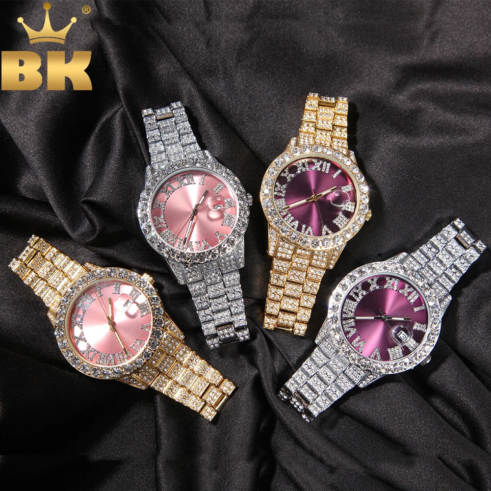 THE BLING KING Men's Watch Big Pink Purple Blue Dial Iced Out Quartz Clock Luxury Rhinestone Business Waterproof Wrist Watches