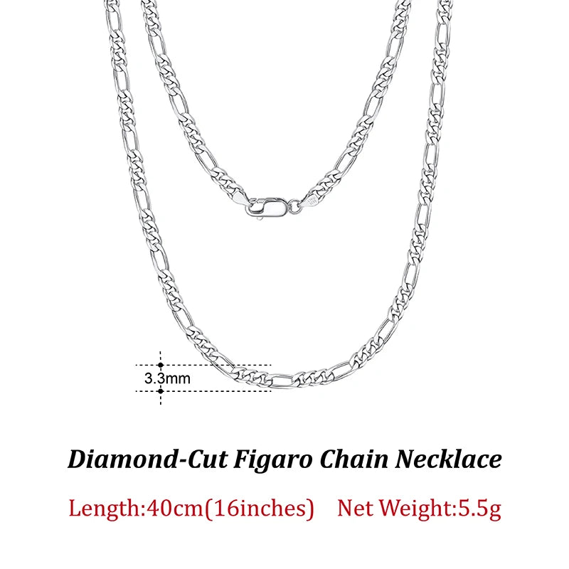 Rinntin 925 Sterling Silver 3.3mm Diamond-Cut Figaro Chain Necklace For Men Women Fashion Silver Necklace Luxury Jewelry SC34 - Uknowucme
