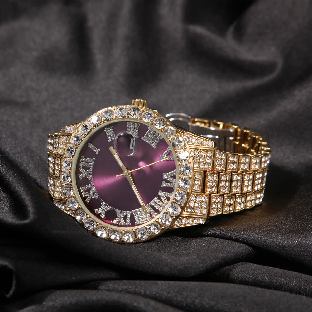 THE BLING KING Men's Watch Big Pink Purple Blue Dial Iced Out Quartz Clock Luxury Rhinestone Business Waterproof Wrist Watches