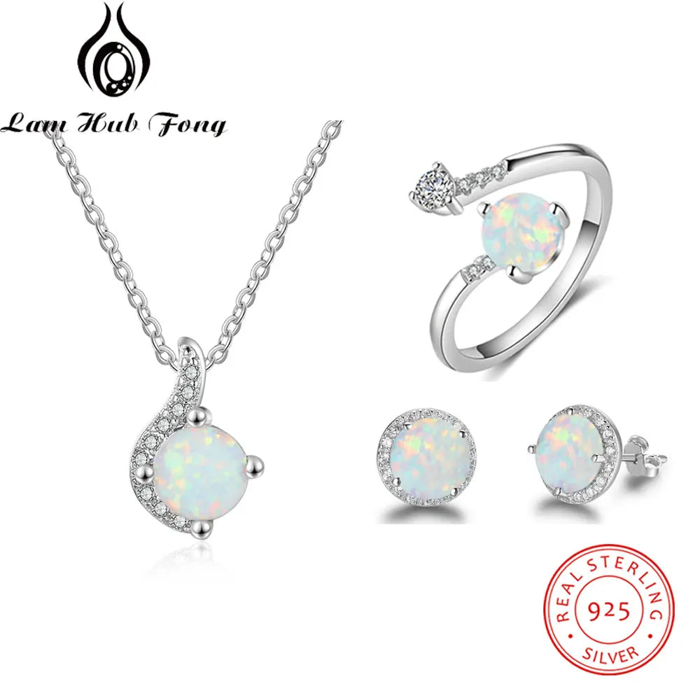 Jewelry Sets for Women Dainty 925 Sterling Silver White Opal Ring Earrings Chain Necklace Wedding Jewelry Sets (Lam Hub Fong)