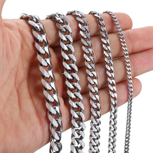 3-11mm Men's Curb Chain Necklace Silver Color Stainless Steel Curb Cuban Link Long Chain for Unisex Men Punk Classic Jewelry