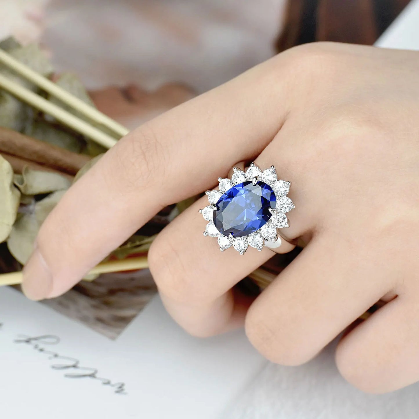 Newshe Vintage Solid 925 Sterling Silver Oval Blue Tanzanite Engagement Rings for Women Cocktail Party Wedding Luxury Jewelry