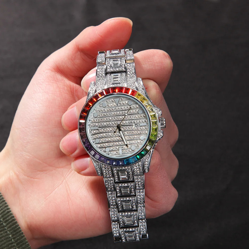 Iced Out Rainbow Watch Full Bling Diamonds For Men Women 316L Stainless Steel Quartz Wristwatch Gifts Free Shipping