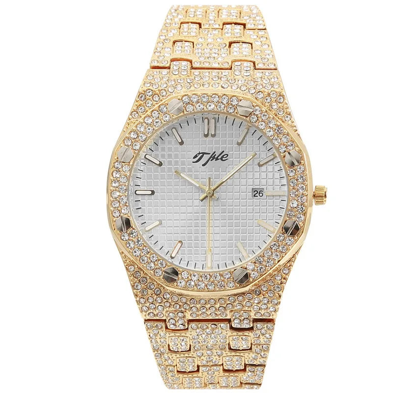 TPLE All Diamond Watches Round Luxury Men Watch Hip Hop Men Fashion Date Quartz Iced Out Bling Watch