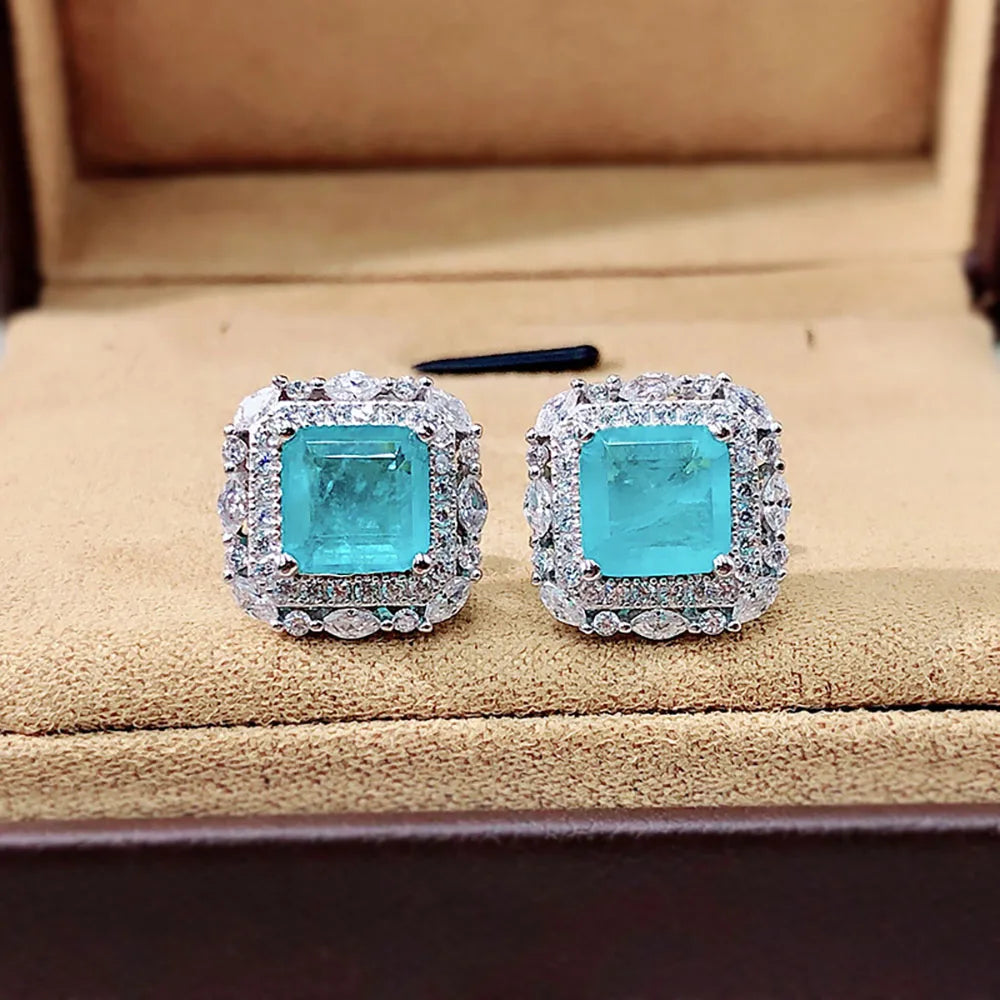 2021 New 925 Sterling Silver Gemstone Stud Earrings for Women Luxury 7*7 Paraiba Tourmaline Emerald Wedding Earring Fine Jewelry - Uknowucme