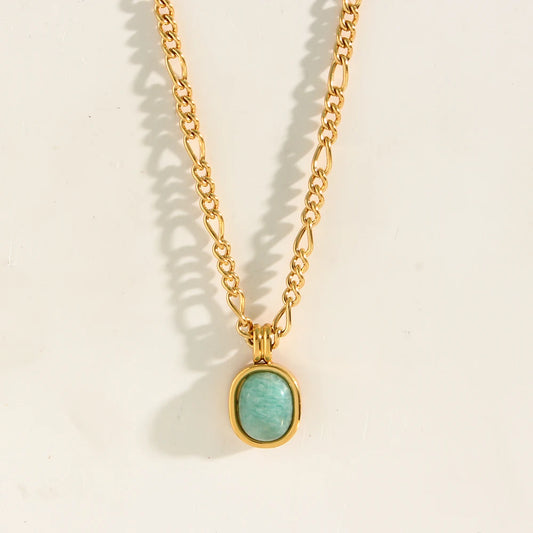Tarnish Free Elegant Ladies Stainless Steel Gold Plated Figaro Chain Oval Natural Amazonite Stone Pendant Necklace For Women - Uknowucme